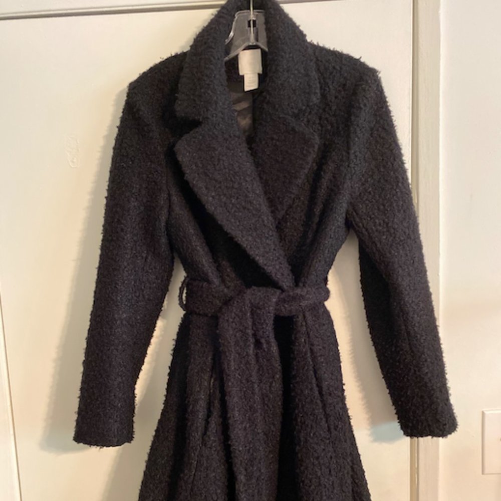 H&M Black Textured Belted Coat